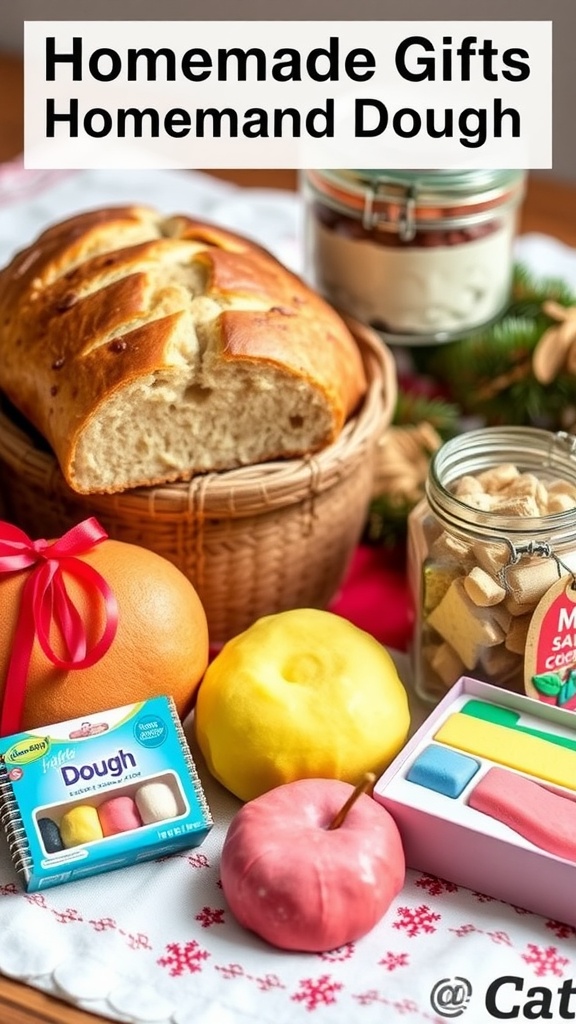 A collection of homemade dough gifts including bread, cookie jar, ornaments, pizza kit, and play dough.